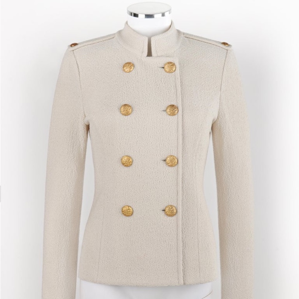 ST. JOHN // c.2010s Beige Knit Stand Collar Military Double-Breasted Blazer